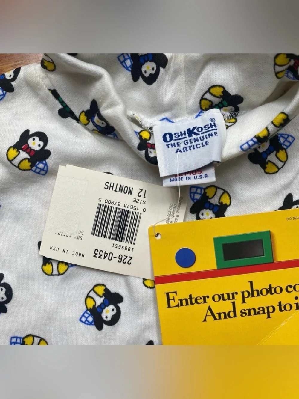 NWT New Vintage Osh Kosh B'Gosh White Penguin Long Sleeve Shirt Size 12M Casual